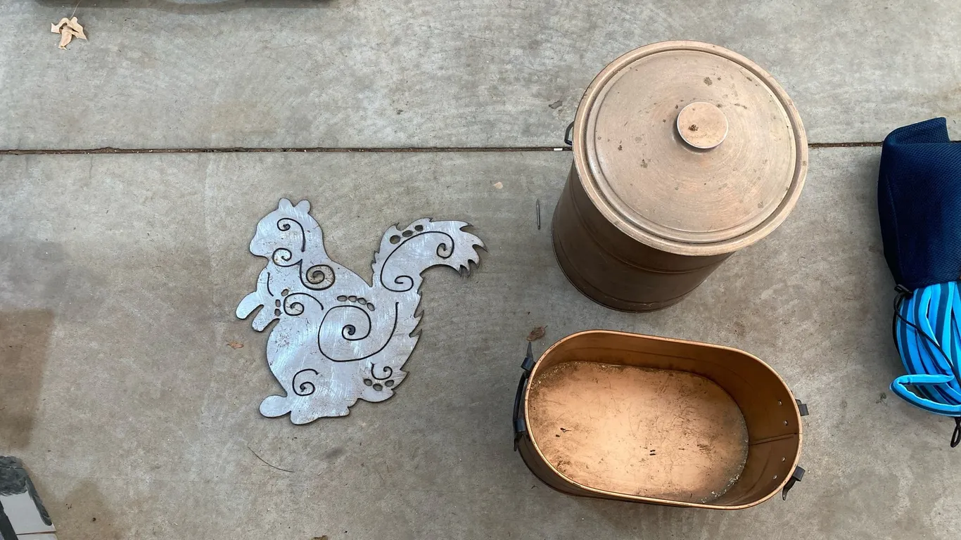 Oval Metal Tub, Lidded Bucket, Squirrel Silhouette
