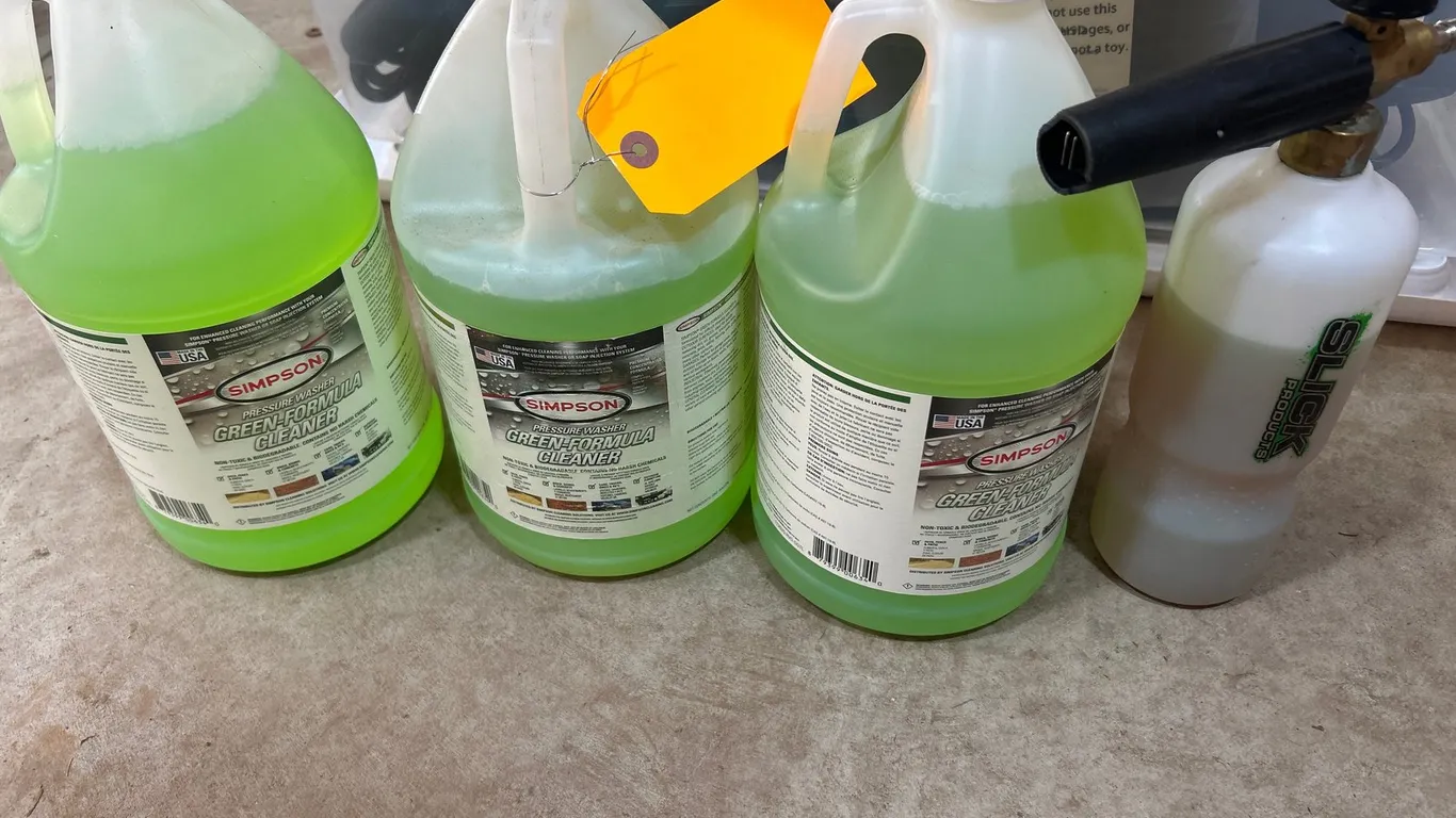 (3) Gallon Jugs of Simpson Pressure Washer Cleaner and (1) Slick Products Foam Cannon