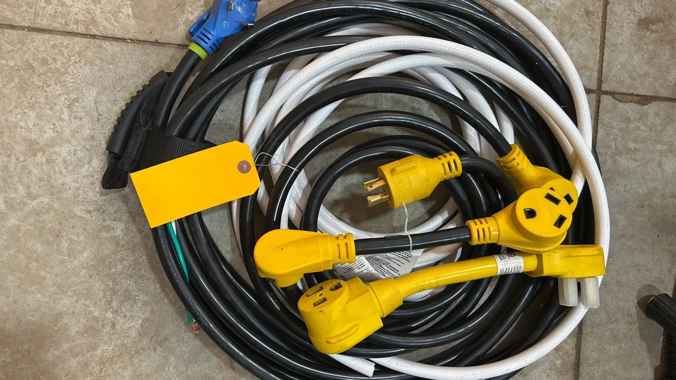 RV Extension Cord, Dogbone Adapters, and Water Hose