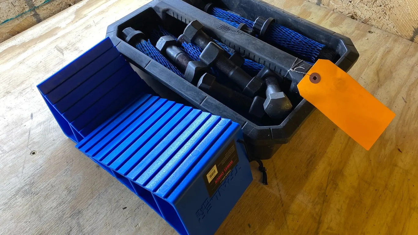 (1) Milwaukee Tool Organizer Tote with (2) Trailer Life Wheel Chocks and ATC Bolts