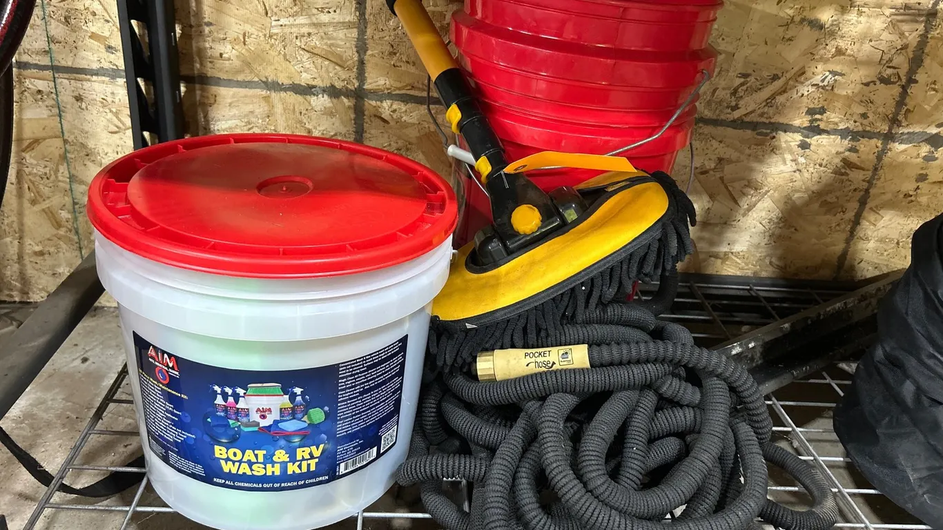 AiM Wash Kit, Harbor Freight Buckets, Wash Brush, and Pocket Hoses
