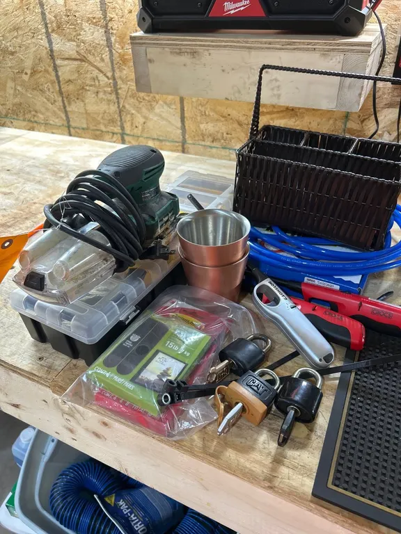 Masterforce Palm Sander, Tailonz Air Tubing, Tram Organizer, and Misc. Items