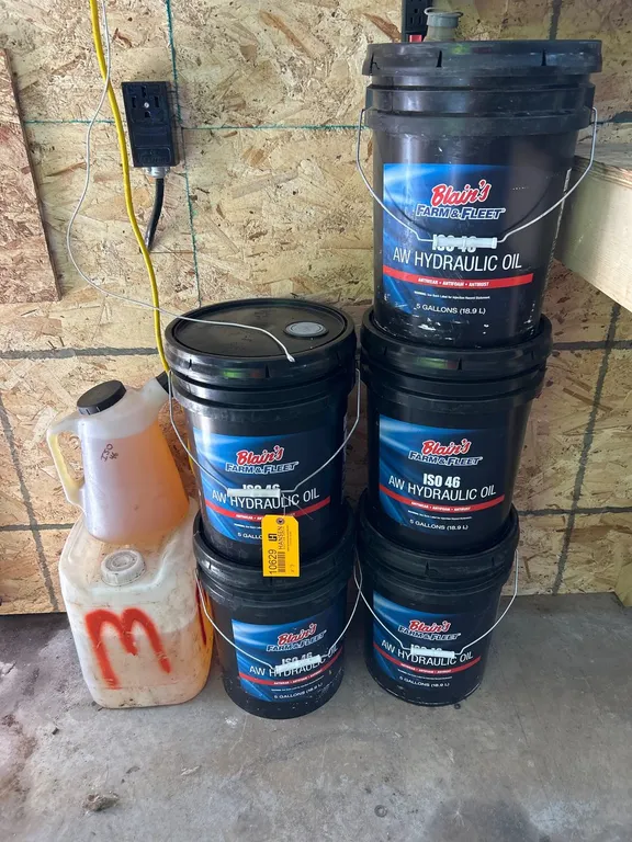 (5) Blain's Farm & Fleet 5 Gallon ISO 46 AW Hydraulic Oil Buckets with Pitcher and Jug