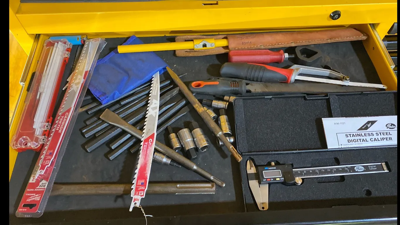 Gates Digital Caliper, Milwaukee Sawzall Blades, and Assorted Hand Tools