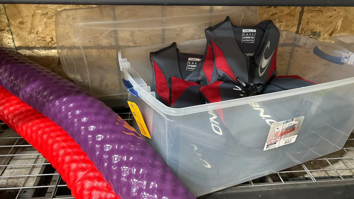 (3) O'Neill Life Jackets, Foam Pool Noodles and Sterilite Storage Bin