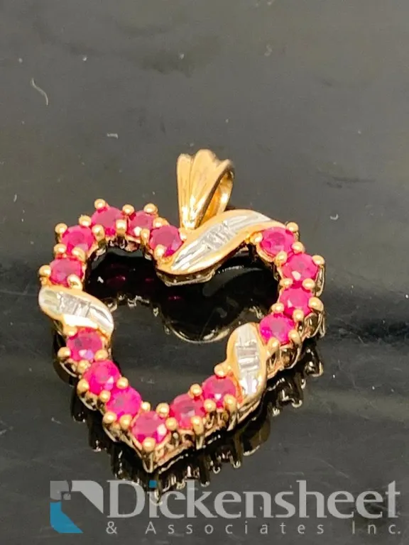 10K Yellow Gold Ruby & Diamonds Heart Pendant