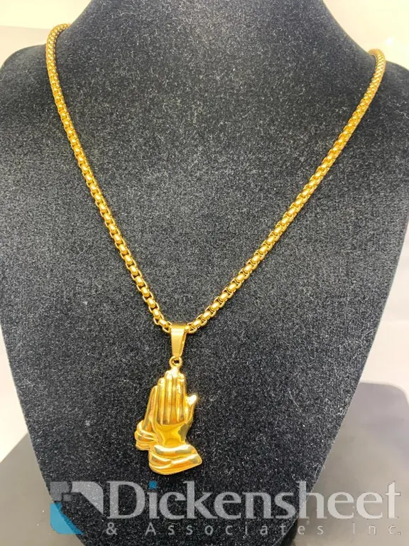 Gold Tone Necklace Praying Hands Pendant