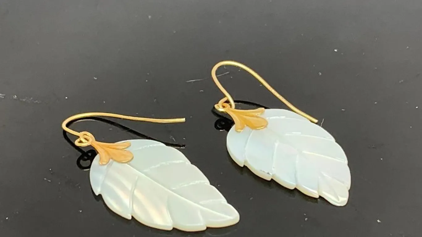 14K Yellow Gold Mother of Pearl Leaf Dangle Earrings