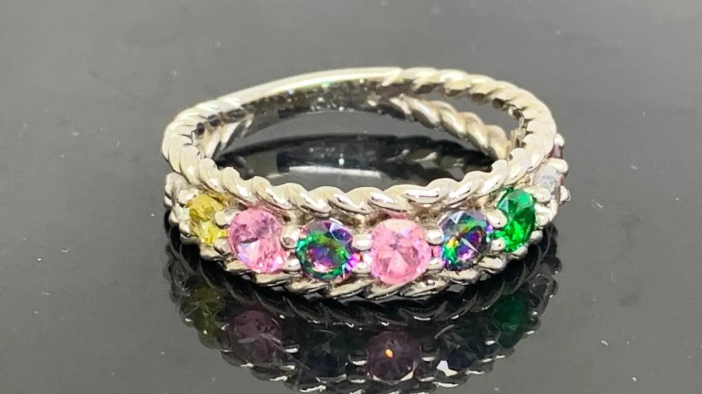 10K White Gold Band With Colorful Gemstones