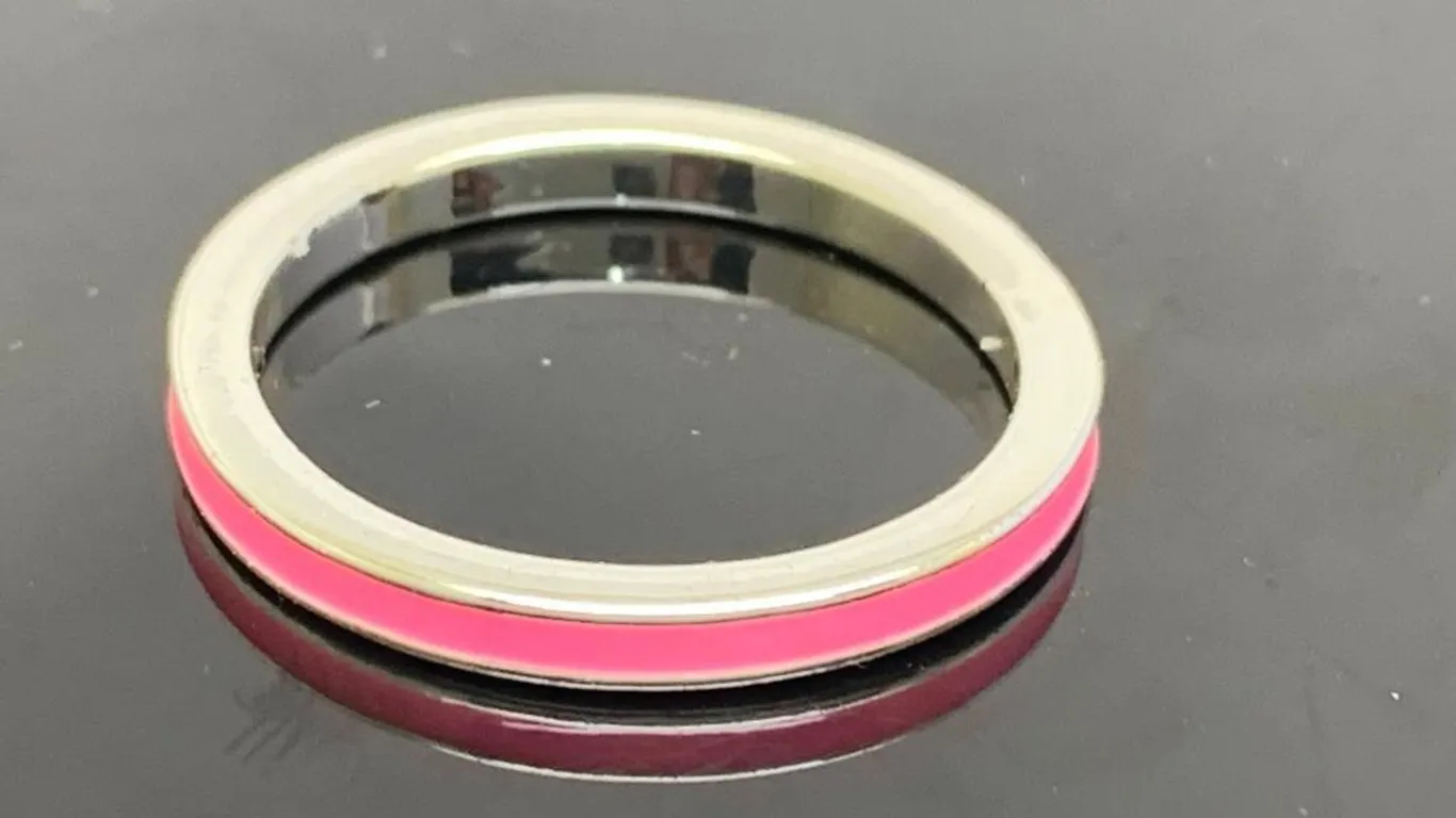 Silver Tone Wedding Band With Pink Inlay