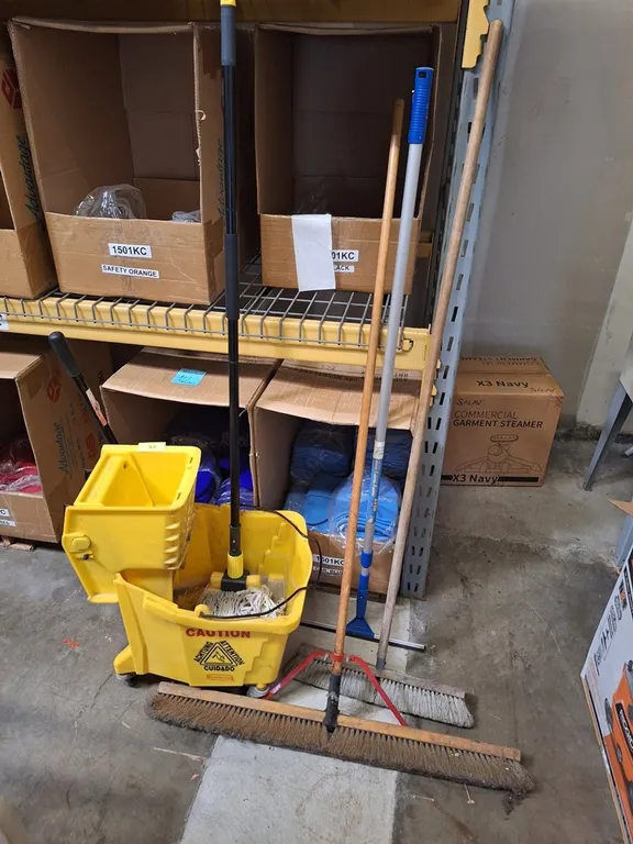 Rubbermaid Mop Bucket on Wheels with Mop, Brooms, Squeegee