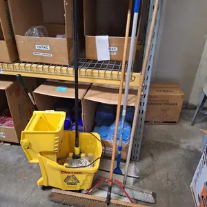 Rubbermaid Mop Bucket on Wheels with Mop, Brooms, Squeegee