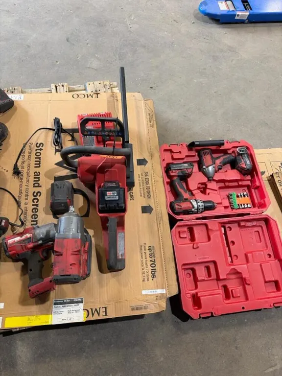 Milwaukee chain saw, 3/4” impact wrench and 1/2” impact wrench batteries and charger