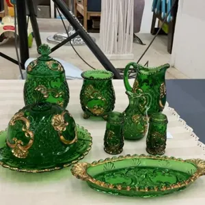 ANTIQUE GREEN PATTERN PRESSED GLASSWARE W/ GOLD DETAIL - CROESUS PATTERN