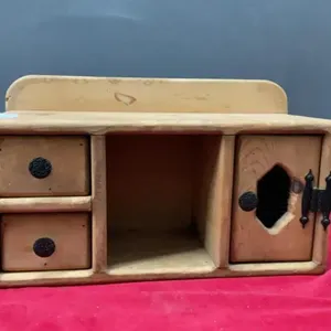 TABLETOP WOODEN SHELF W/ (2) SMALL DRAWERS, DOOR & A CUBBY