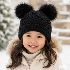 NEW Creekstone Kids Black Satin-Lined Winter Beanie Hat with Double Faux-Fur Pom Poms, Ages 1–7