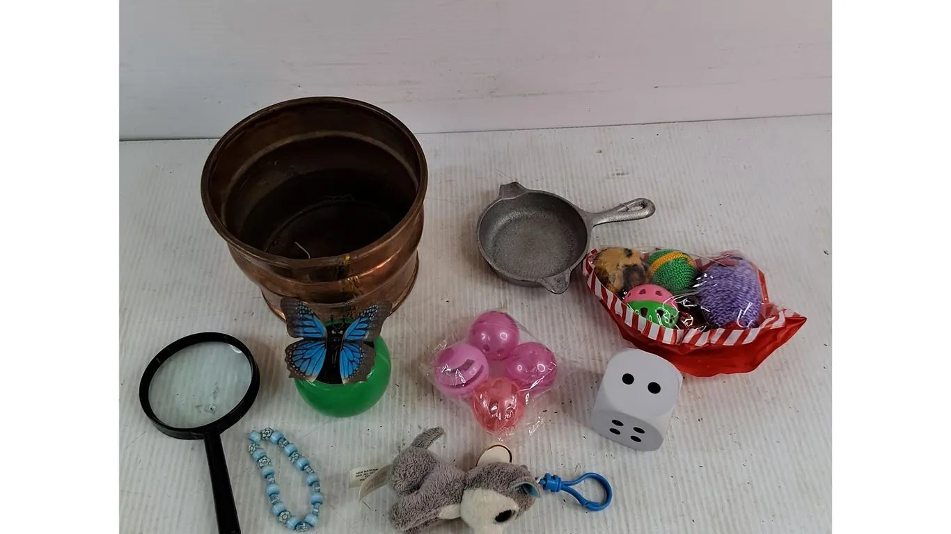 Copper Planter. Magnifying Glass, Cat Toys, Mini Skillet, Dice, Bracelet, Misc