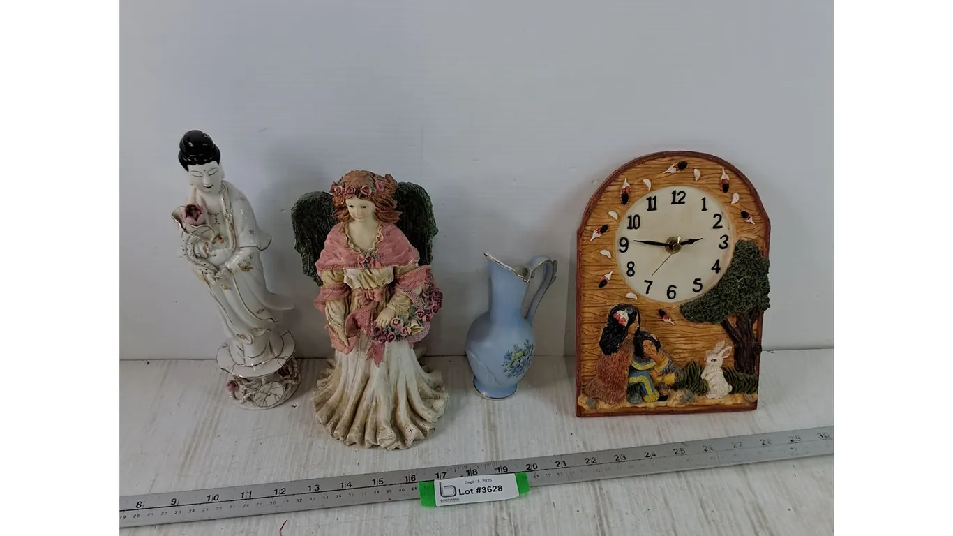 (2) Statues, Porcelain and Ceramic, Small Ceramic Jug,Battery Powered Clock Untested As-Is