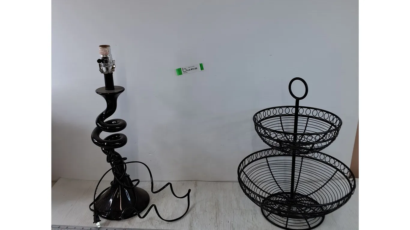 Black Lamp with Spiral Base Untested and Metal Wire Fruit Vegetable Basket