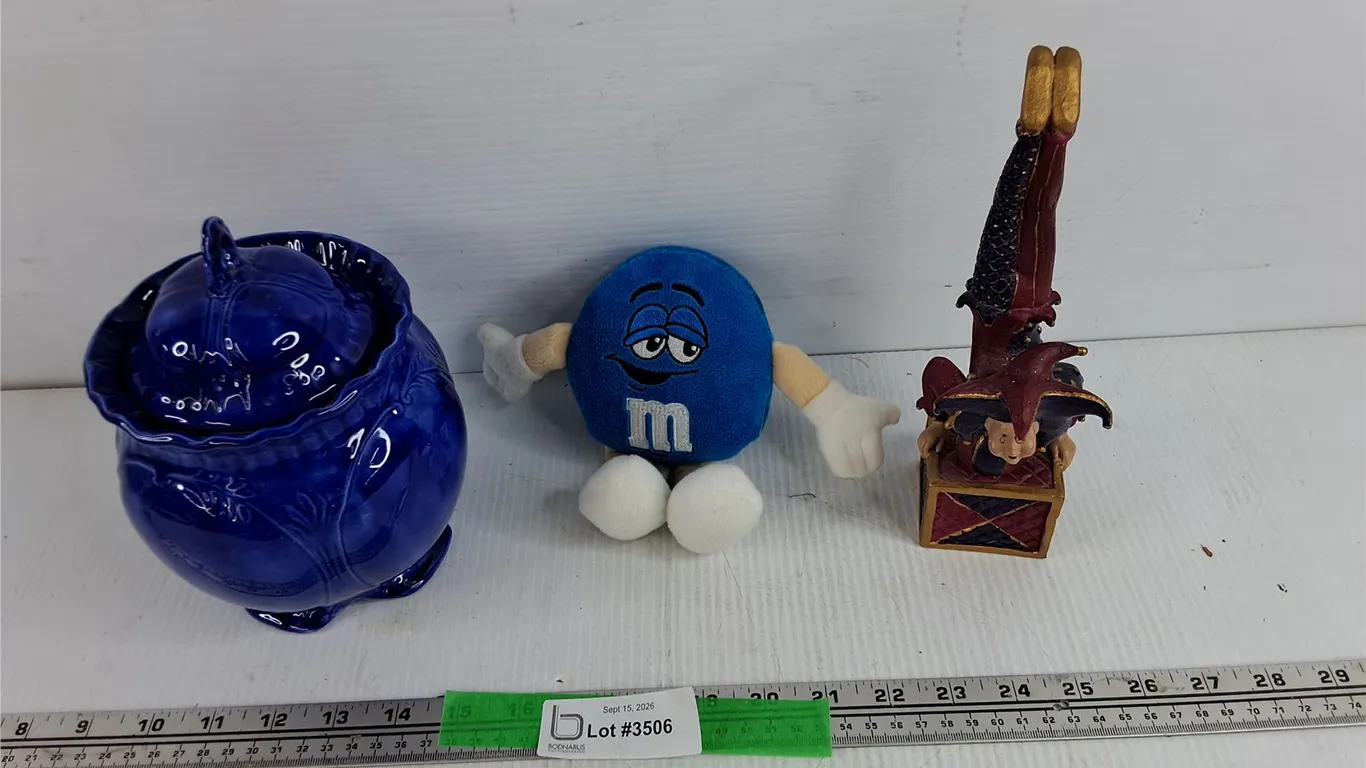 Ceramic Cookie Jar, M&M Plush Toy, Circus Clown Figure