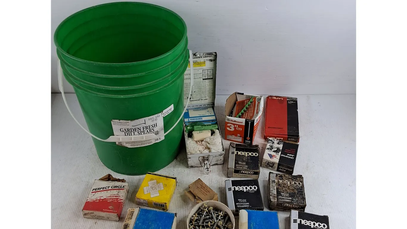 Assorted U Joints, Plastic Bucket, Vintage First Aid Kit, Screws, Misc