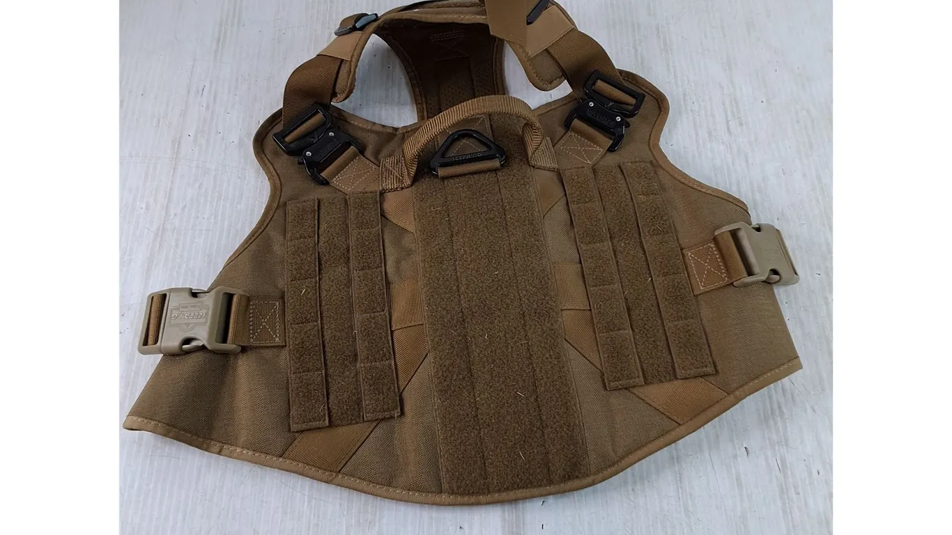 Tan Tactical Dog Harness with MOLLE Webbing, D-Rings, Grab Handle, Adjustable Straps