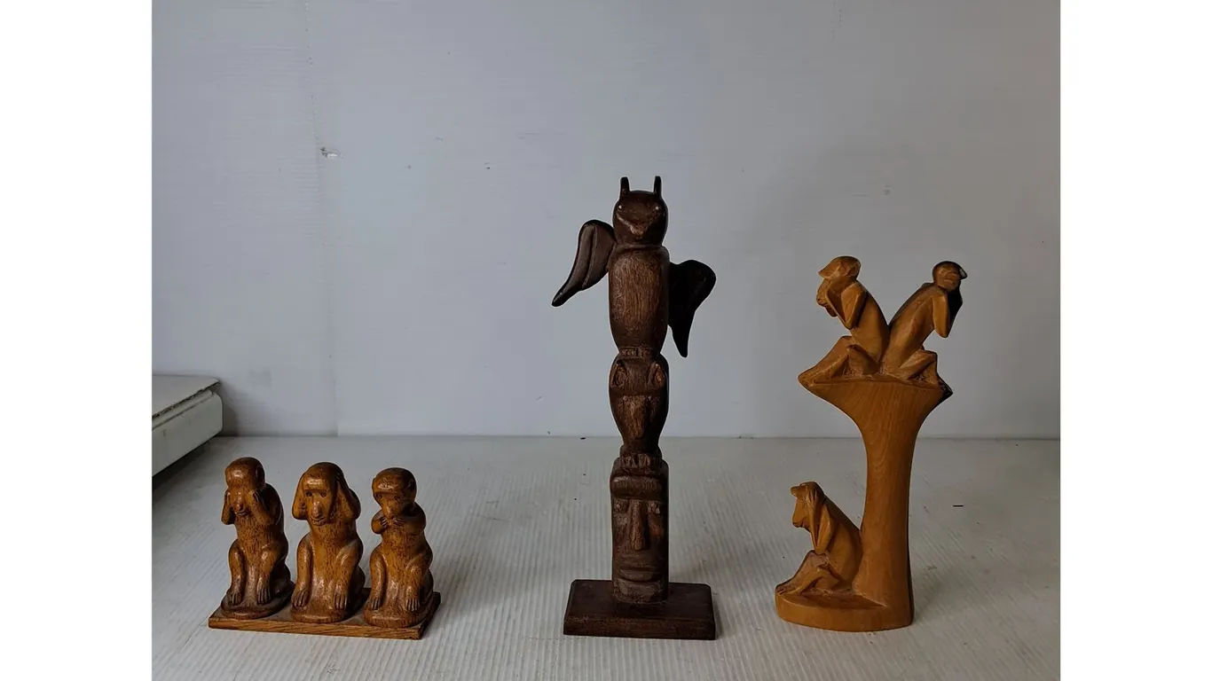 (3) Wood Carvings; (2) Hear No Evil See No Evil, (1) Totem Pole 12"