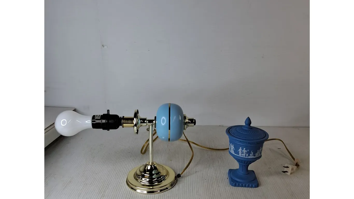 Brass Blue Mid Century Wall Lamp (powers on), Blue Trinket Dish With Lid