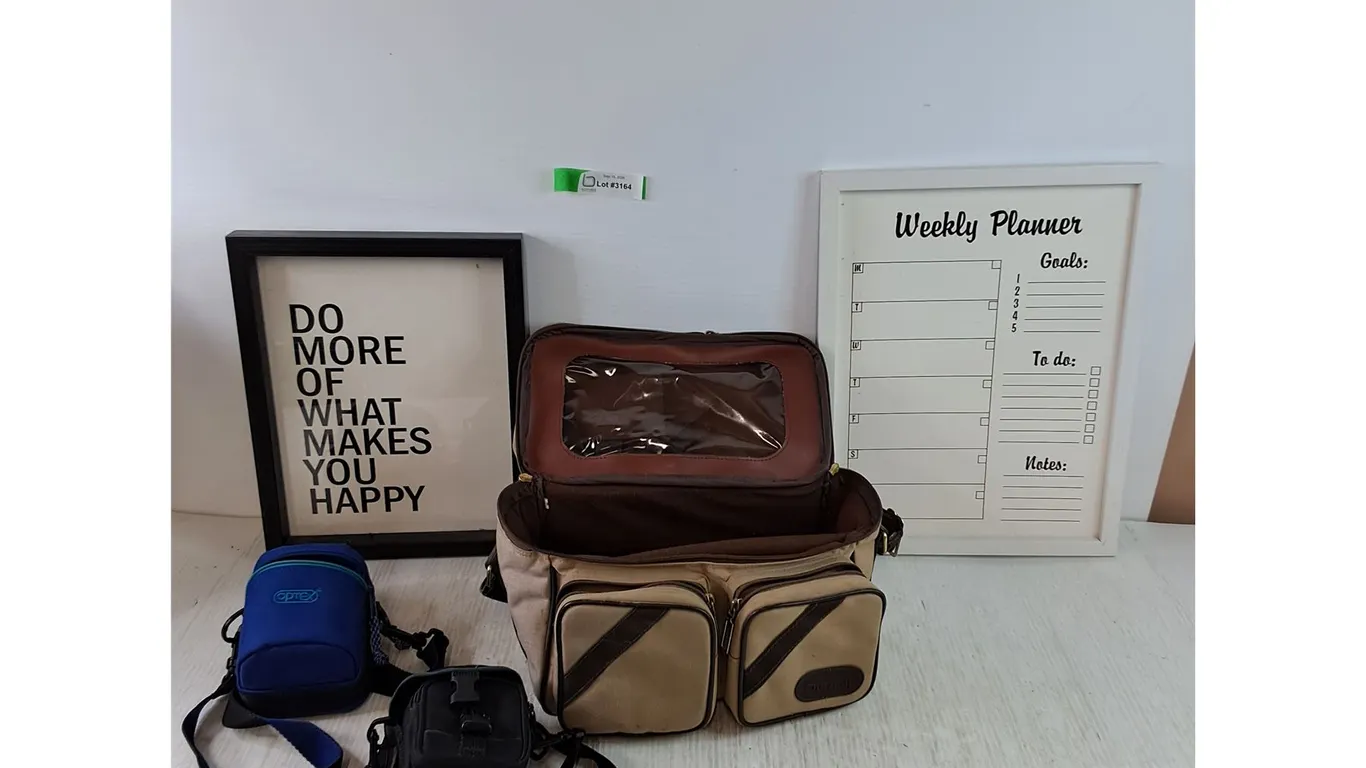 (2) Picture Frames, Weekly Planner, Makes You Happy, (2) Camera Bags No Camera, Khaki Carry Bag