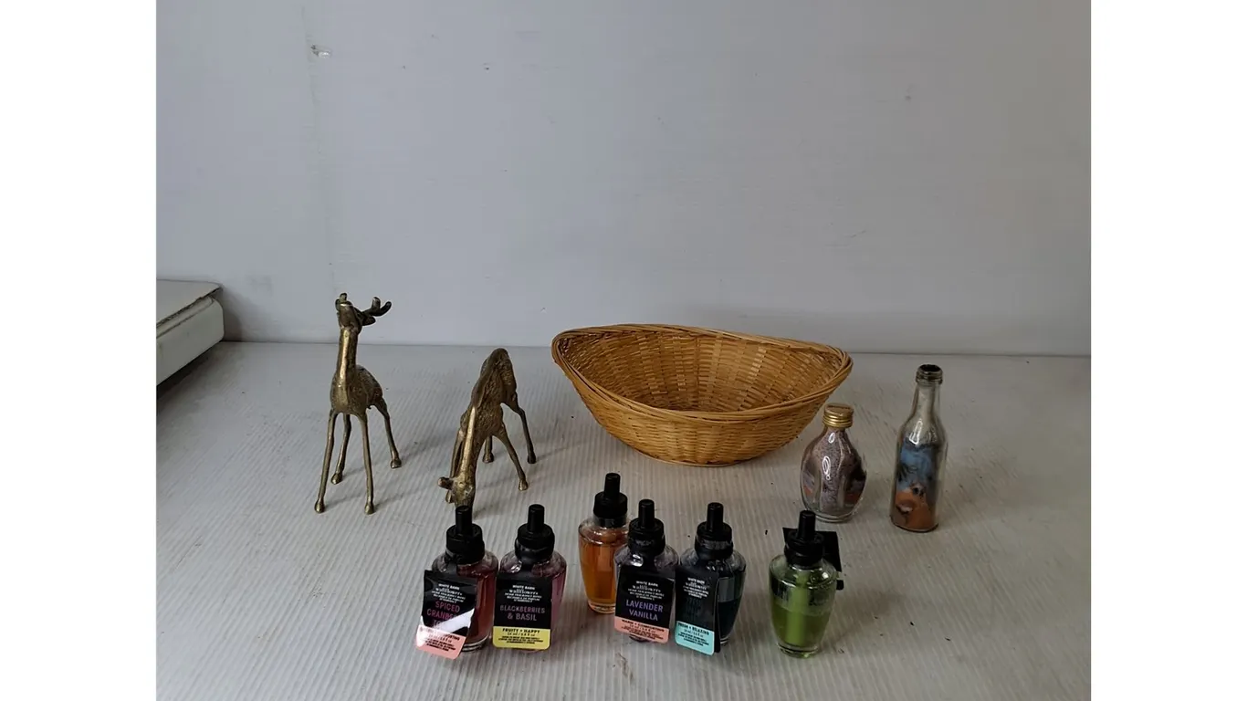 Wicker Basket, (6) New Home Fragrances, (2) Brass Deer, (2) Bottles Of Decorative Sand