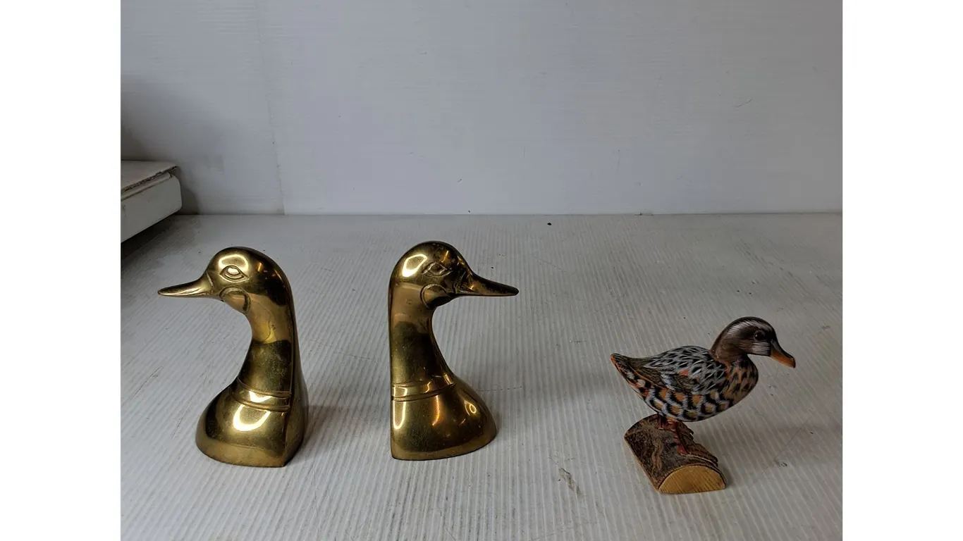 (2) Mallard Duck Brass Book Ends, Wooden Carved Bird