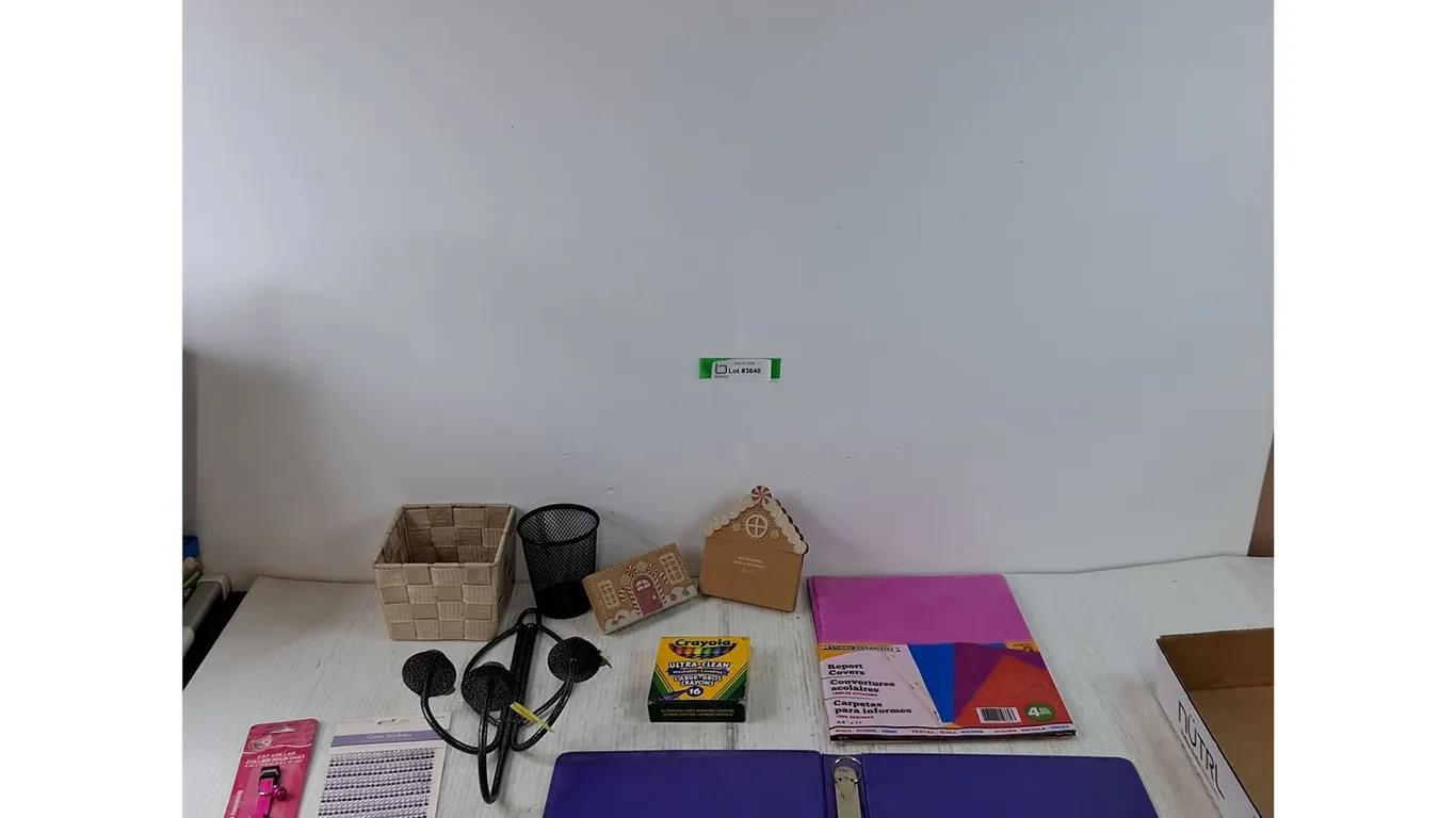 Pink Cat Collar, CrayolaLarge Crayons, Wall Sconce, (2) Desk Baskets, Blue Binder, Report Covers