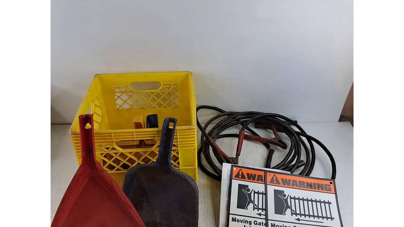 Booster Cables, Warning Signs, Dust Pans & Milk Crate