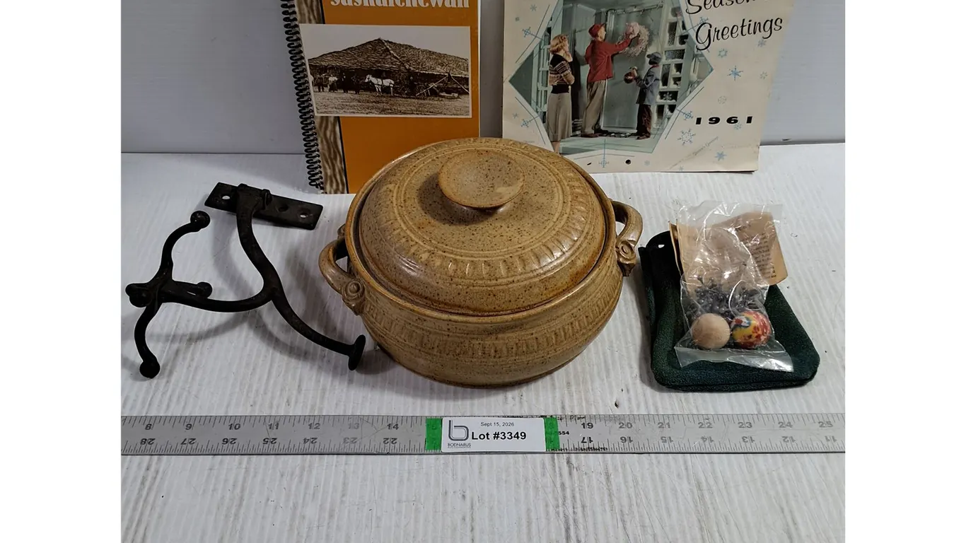 Stoneware Casserole,Cast Iron Coat Hook,Vintage Jacks Game,1961 Calendar,Barns of Sask. Book