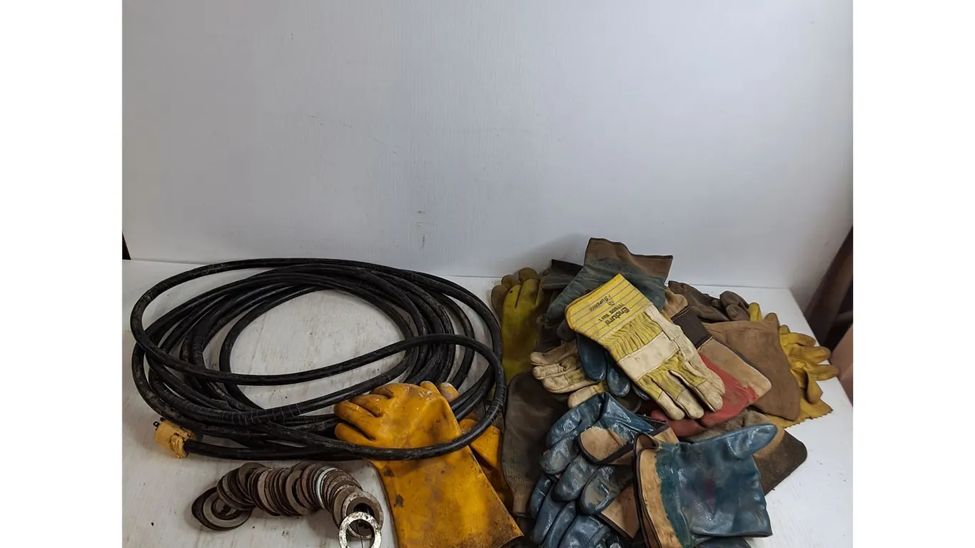 Extension Cord, Metal Rings, Assorted Used Work Gloves - Size Large