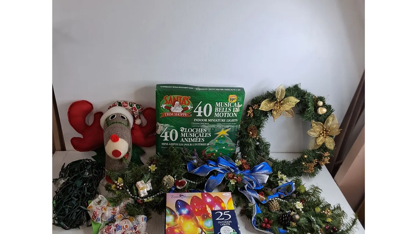 String Lights, Christmas Wreaths, Sock Reindeer, Misc.
