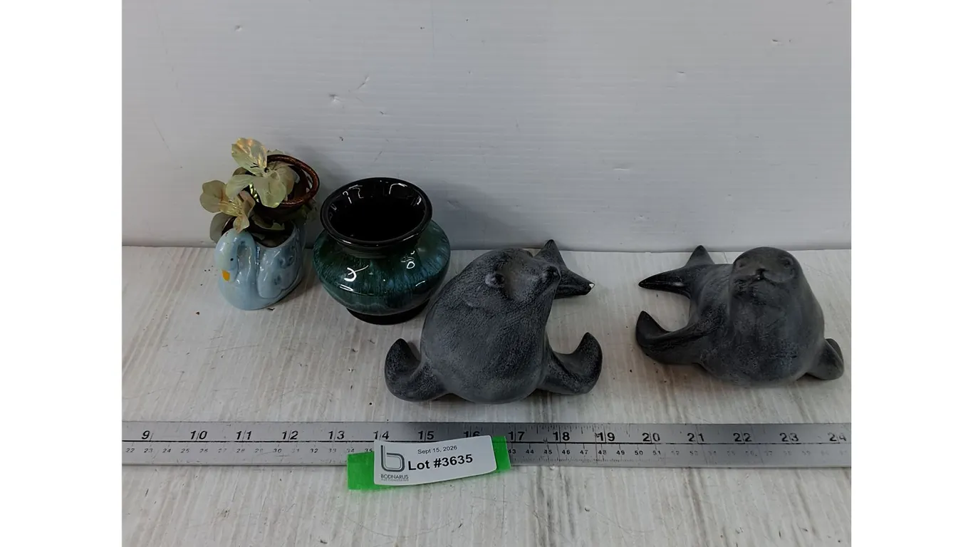 (2) Seal Sculptures (1) As-Is, Mini Swan Vase with Artifical Flowers and Small Vase