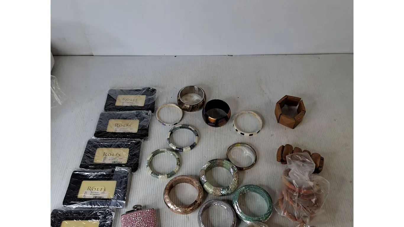 (5) Coin Purses, Assorted New Bangles, Pink Flask, Misc
