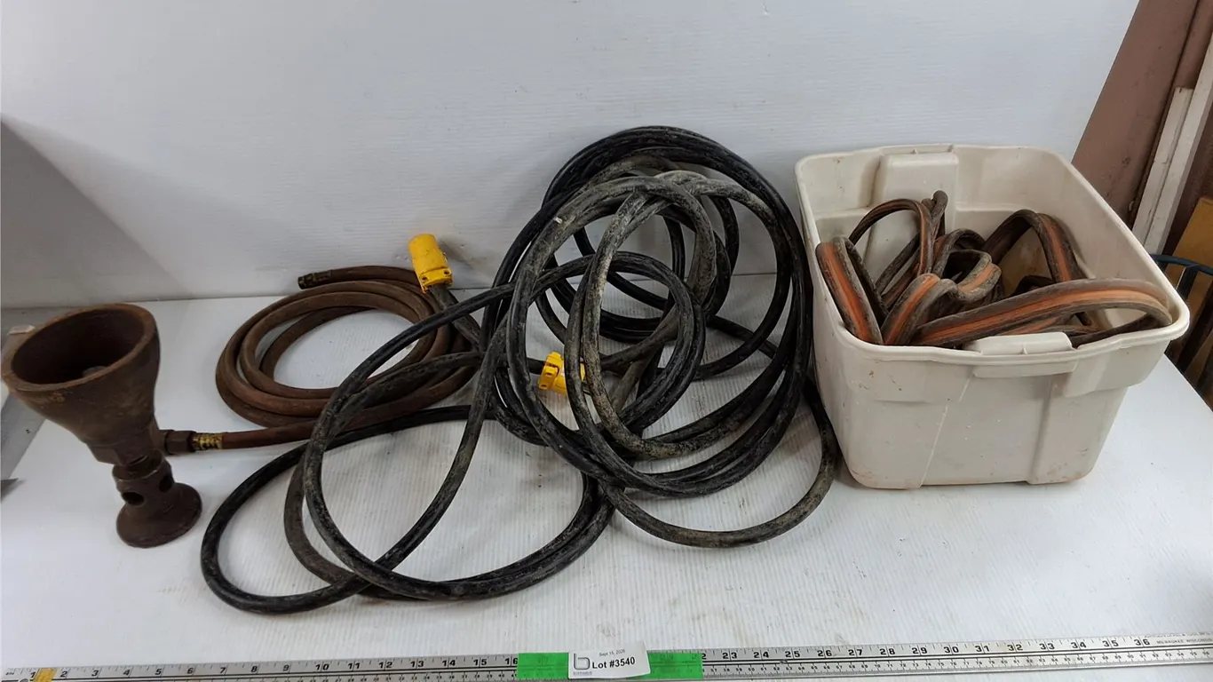 Air Hose, Booster Cables, Extension Cord, Plastic Container, Misc
