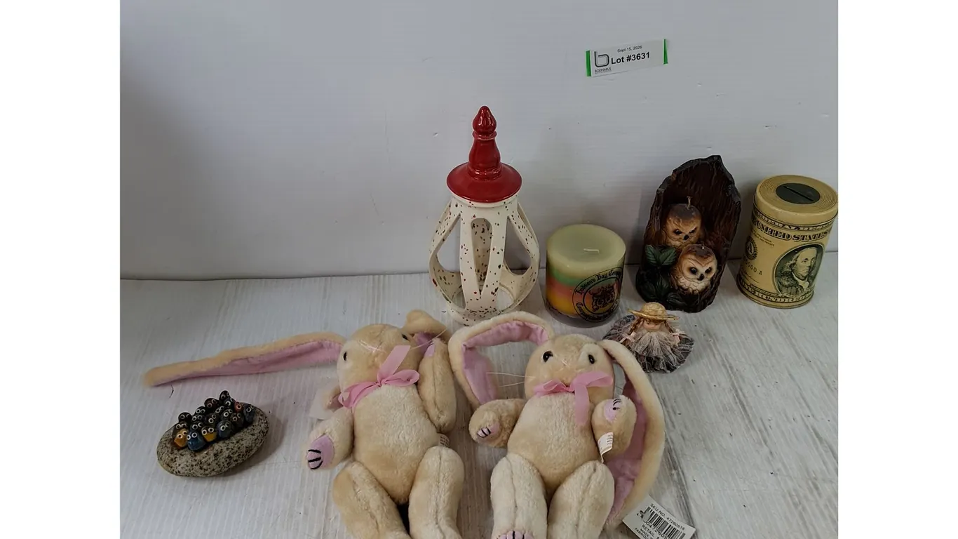 (3) Candles, US Dollar Storage Bank, (2) Rabbit Toys, Pet Rock Colony