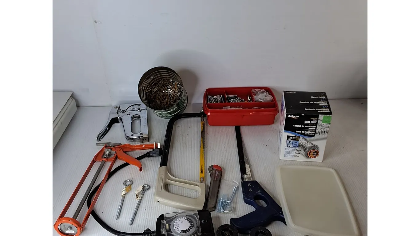 Caulking Gun, Vent Duct, Nails, Hand Saw, Staple Gun, Misc