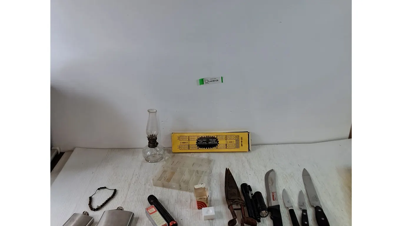(2) Flasks, (4) Flashlights 1 Works, Shears, (4) Knives, Kerosene Lamp, Hard Word Cribbage Board