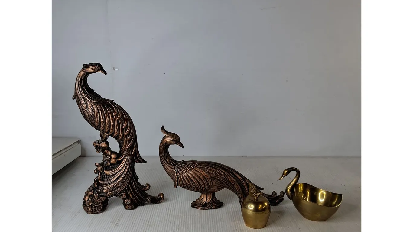 (2) Coppercraft Pheasants, Brass Swan Candy/Soap Dish, Brass Apple Bell