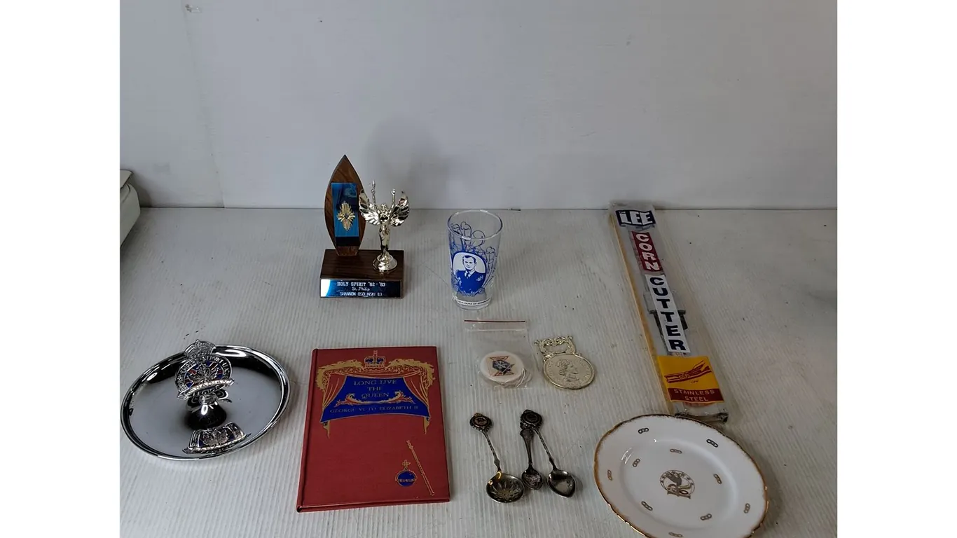 Queen Elizabeth II Bottle Opener, Canadian Legion Ashtray, Holy Spirit Award Trophy, Misc
