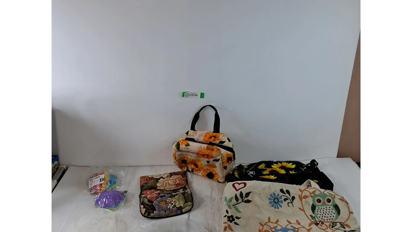 Stack of CDs, (3) Glass Plant Plates, (2) Lunch Bag, (2) Carry Bags, Sunflowers Bag As-Is