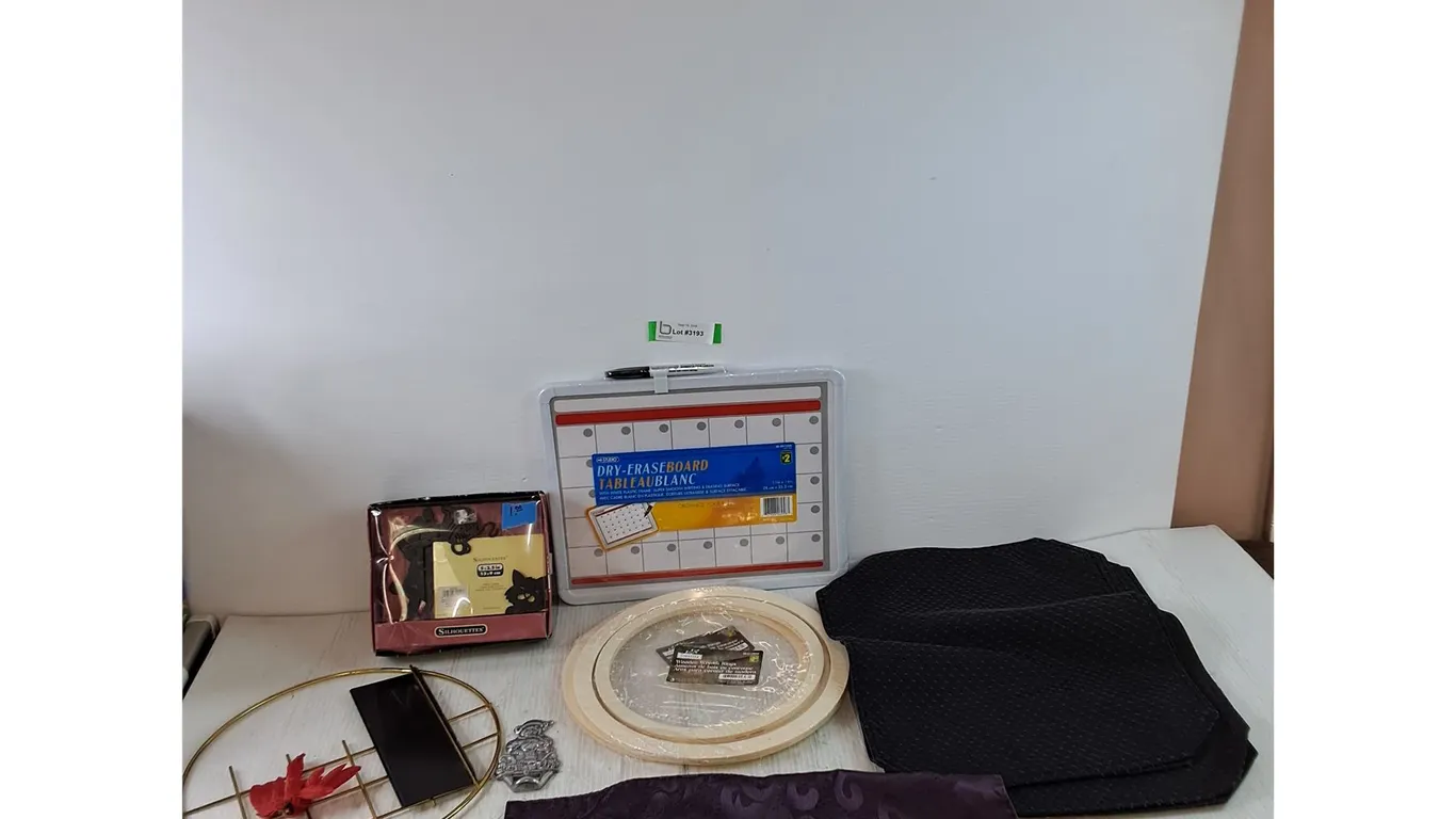 (2) Wooden Wreath Rings Sets, (5) Fancy Placemats, Dry Erase Board, Silhouette Picture Frame, Misc