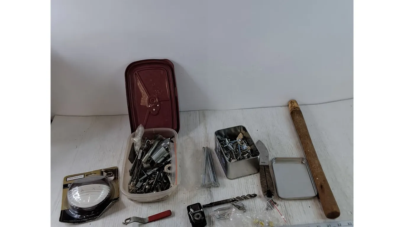 SOG Fling Throwing Knife, Solar Desk Light, Assorted Screws, Washers, Nuts, Misc,