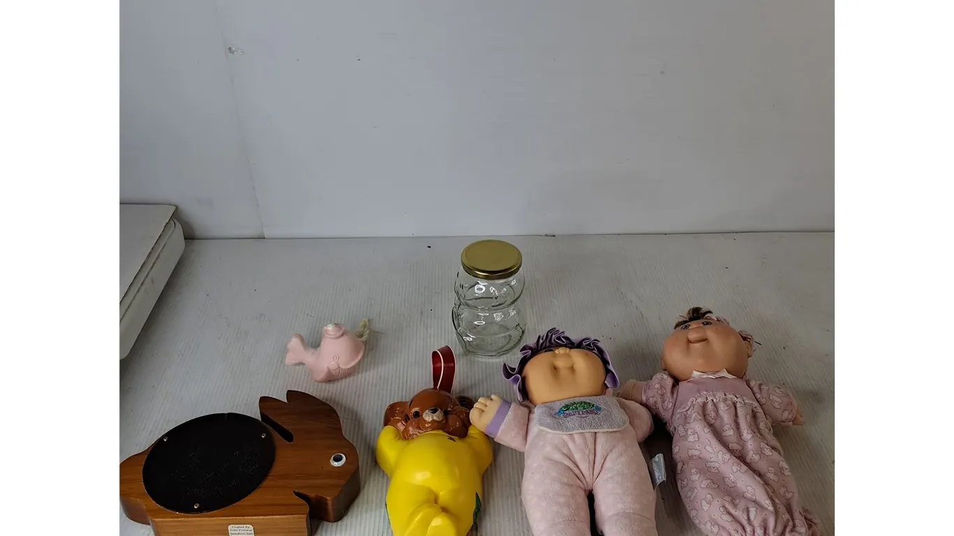 (2) Vintage Cabbage Patch Dolls, Rabbit Piggy Bank, Fisher Price Music Box Teddy Bear, Misc