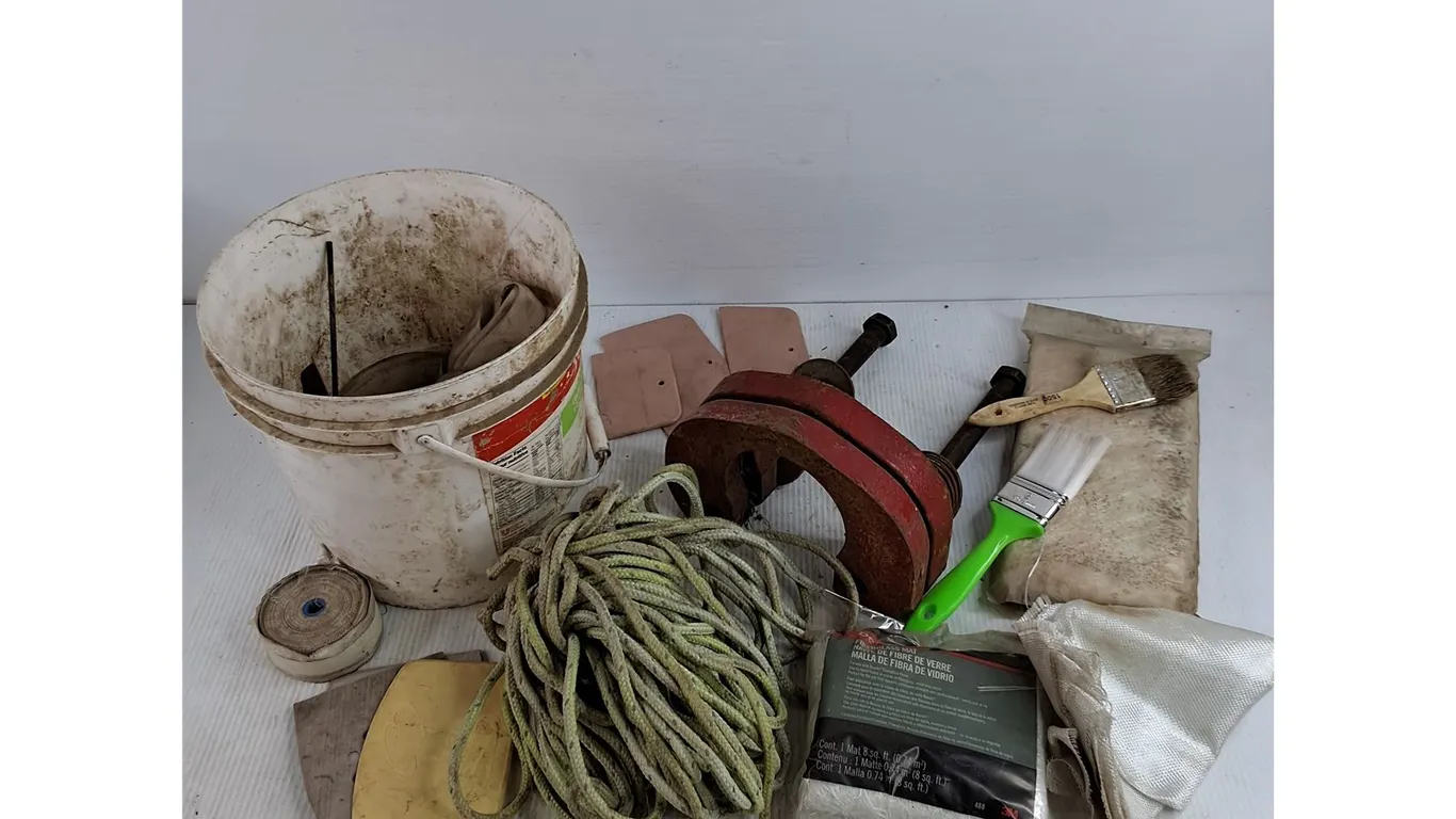 Putty Knives, Brushes, Fiberglass Mat, Rope, Plastic Bucket, Misc