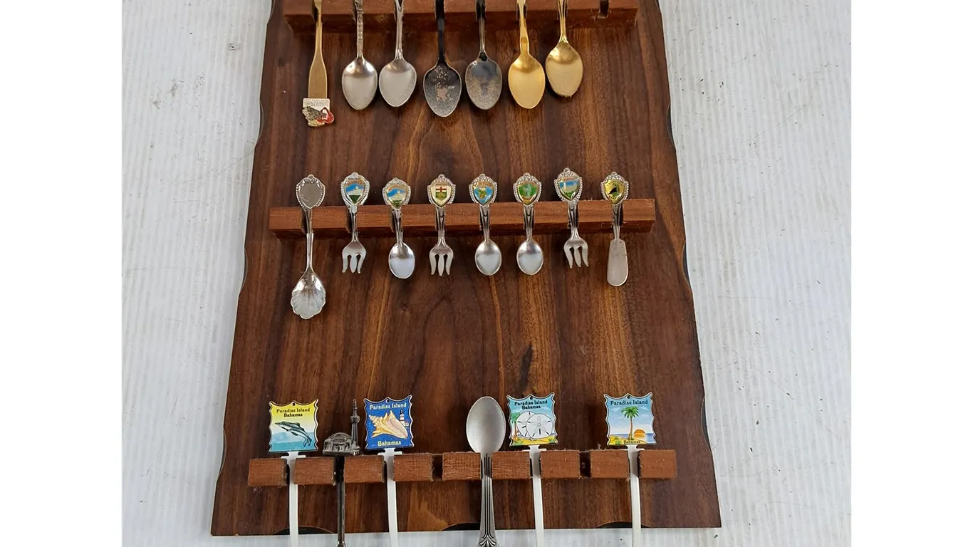 Assorted Souvenir Spoons & Forks, Wooden Display Rack